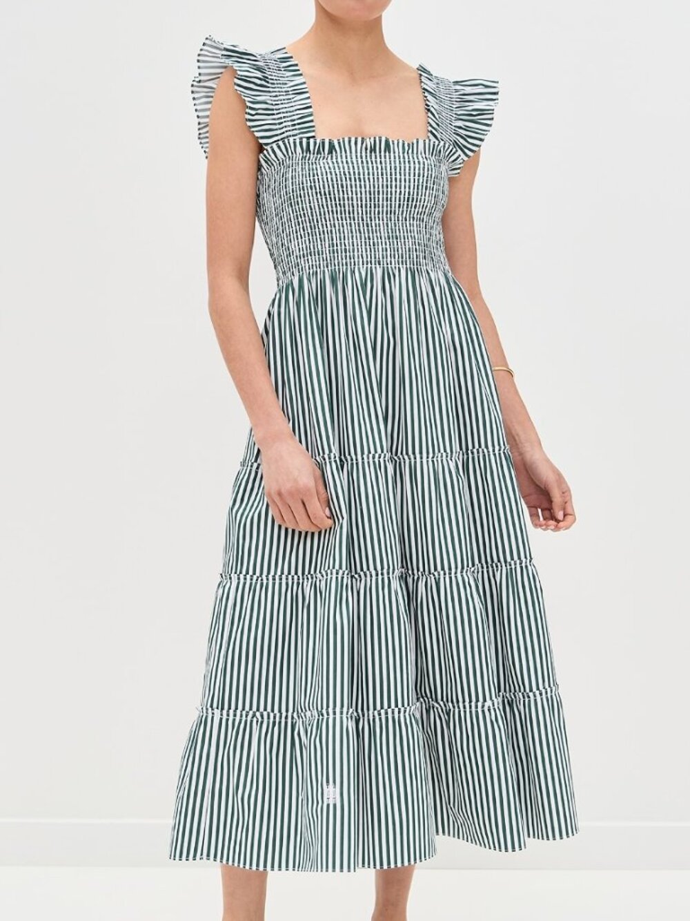 Hill House Home Ellie Nap Dress | Green Stripe | Smocked Midi | Tiered | Sz S
